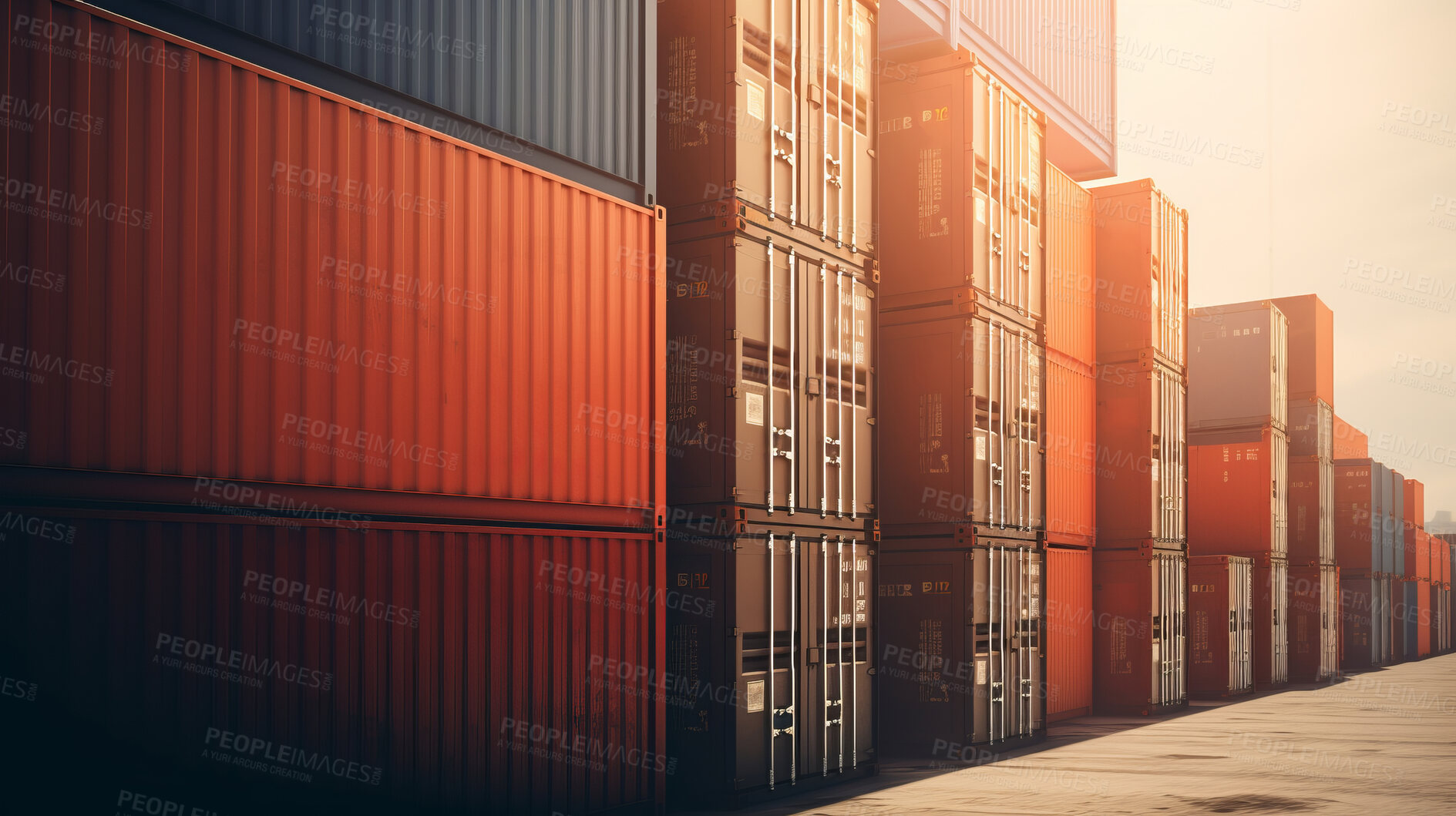 Buy stock photo Cargo shipping containers stacked, cross-docking business exports of goods