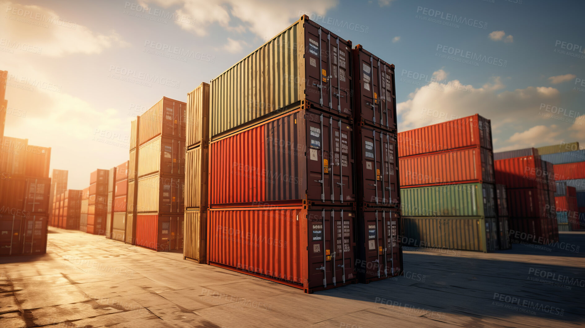 Buy stock photo Cargo shipping containers stacked, cross-docking business exports of goods