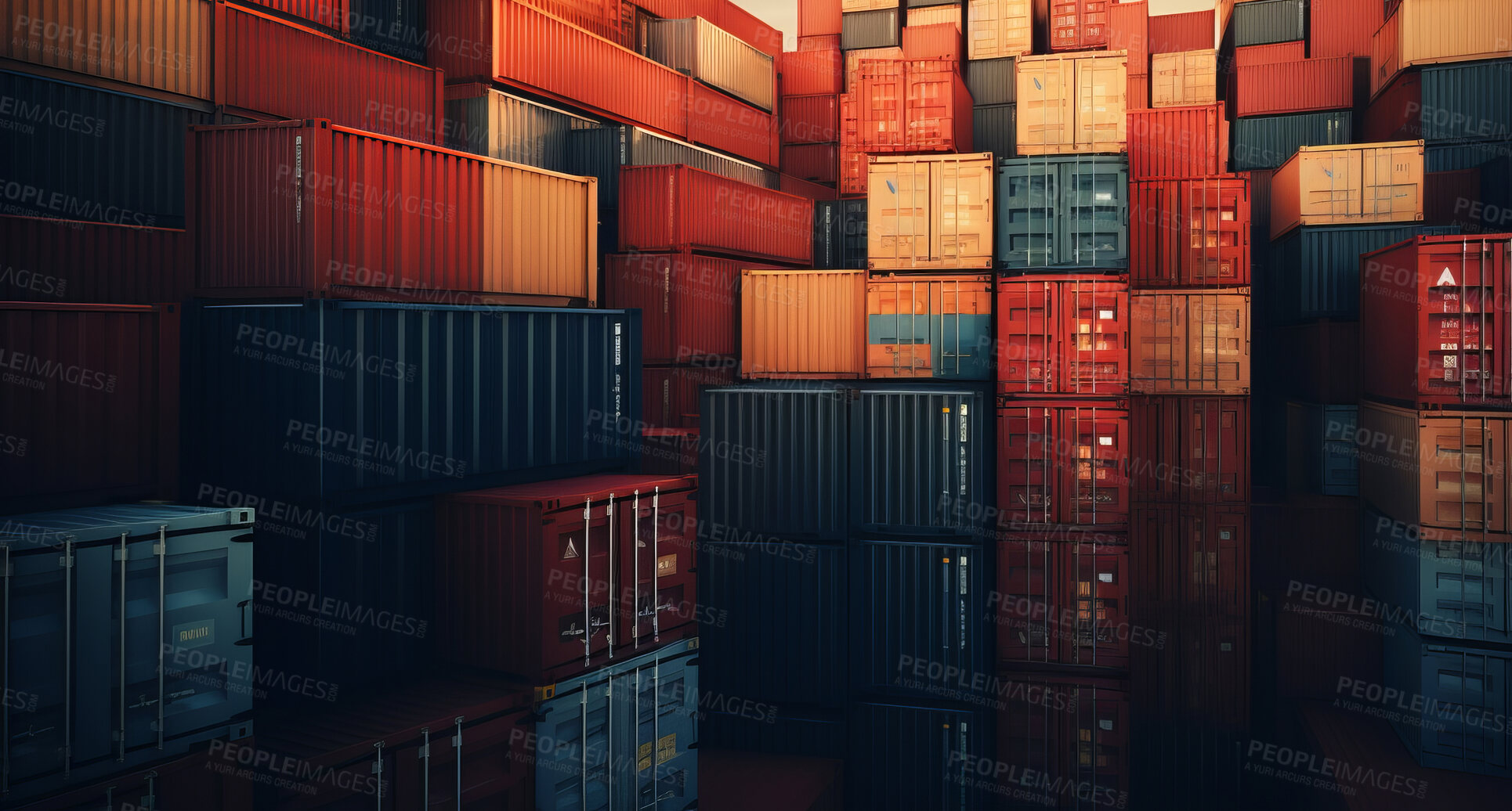 Buy stock photo Cargo shipping containers stacked, cross-docking business exports of goods