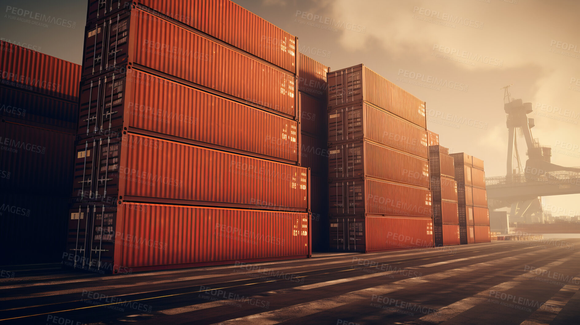 Buy stock photo Cargo shipping containers stacked, cross-docking business exports of goods