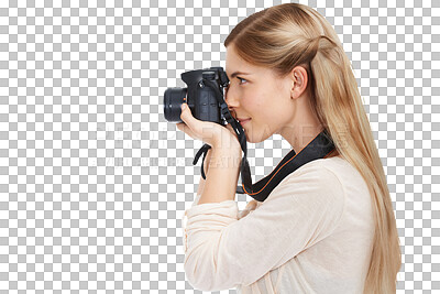 Photography, camera focus and woman shooting creative memory picture, photoshoot session or digital production. Lens, art creativity and freelance photographer profile on transparent, png background