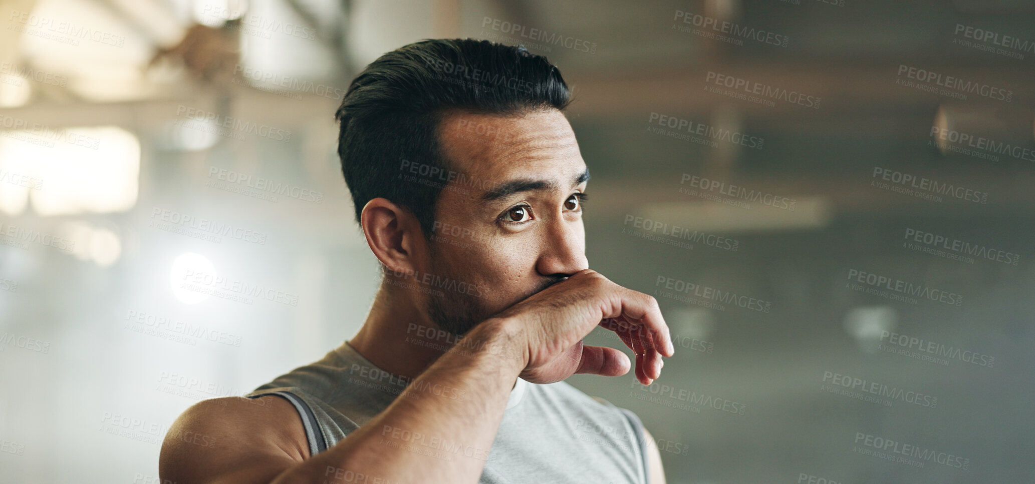 Buy stock photo Happy asian man, fitness and drinking water after workout, exercise or training at indoor gym. Active and thirsty male person with mineral liquid for natural nutrition, sports diet or sustainability