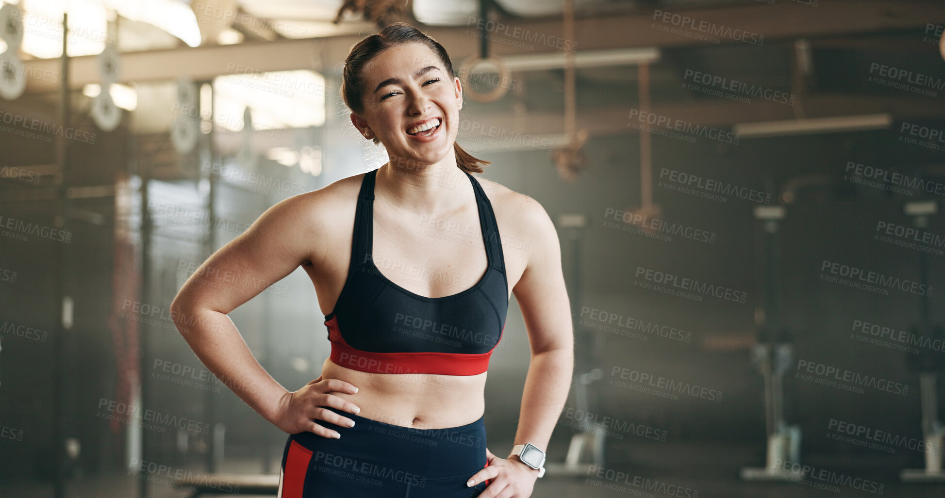 Buy stock photo Gym, face and happy woman with positive attitude, mindset and laughing after training routine. Portrait, smile and lady athlete at sports center confident, ready and enjoy fitness or health lifestyle