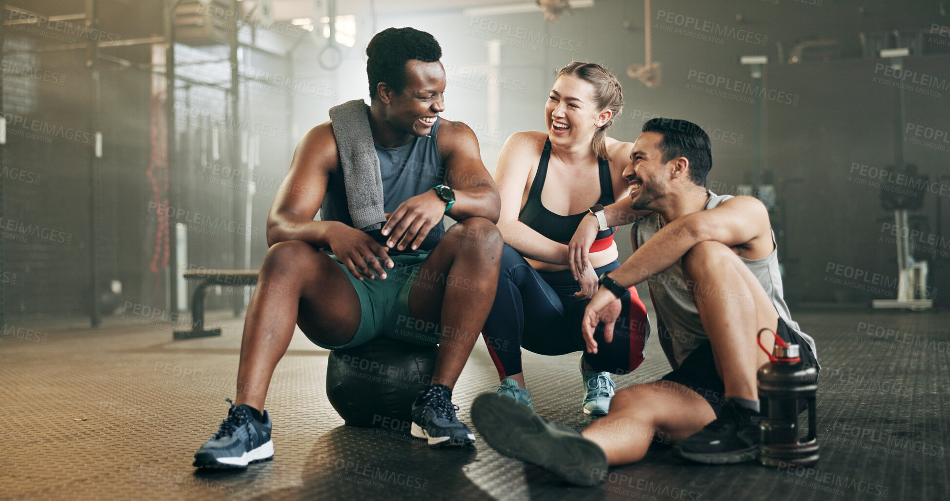 Buy stock photo Fitness, group and conversation in gym with confidence, workout and exercise class. Diversity, friends talk and wellness portrait of athlete with coach ready for training and sport at a health club