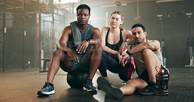 Fitness, group and face in gym with confidence, workout and exercise class. Diversity, friends and wellness portrait of serious athlete group with coach ready for training and sport at a health club