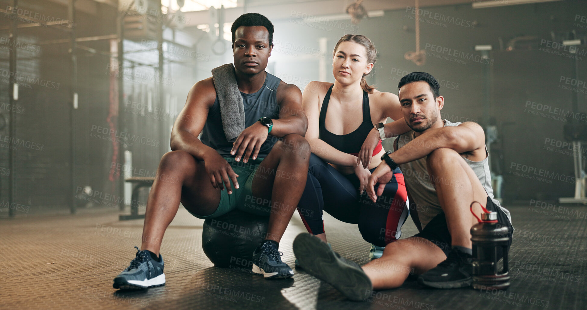 Buy stock photo Fitness, group and face in gym with confidence, workout and exercise class. Diversity, friends and wellness portrait of serious athlete group with coach ready for training and sport at a health club