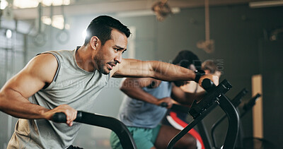 Buy stock photo People, diversity and cycling at gym in workout, exercise or intense cardio fitness together and motivation. Diverse group burning sweat on bicycle machine for healthy body, wellness or lose weight