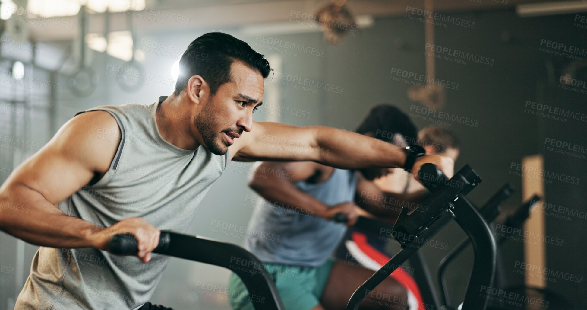 Buy stock photo People, diversity and cycling at gym in workout, exercise or intense cardio fitness together and motivation. Diverse group burning sweat on bicycle machine for healthy body, wellness or lose weight