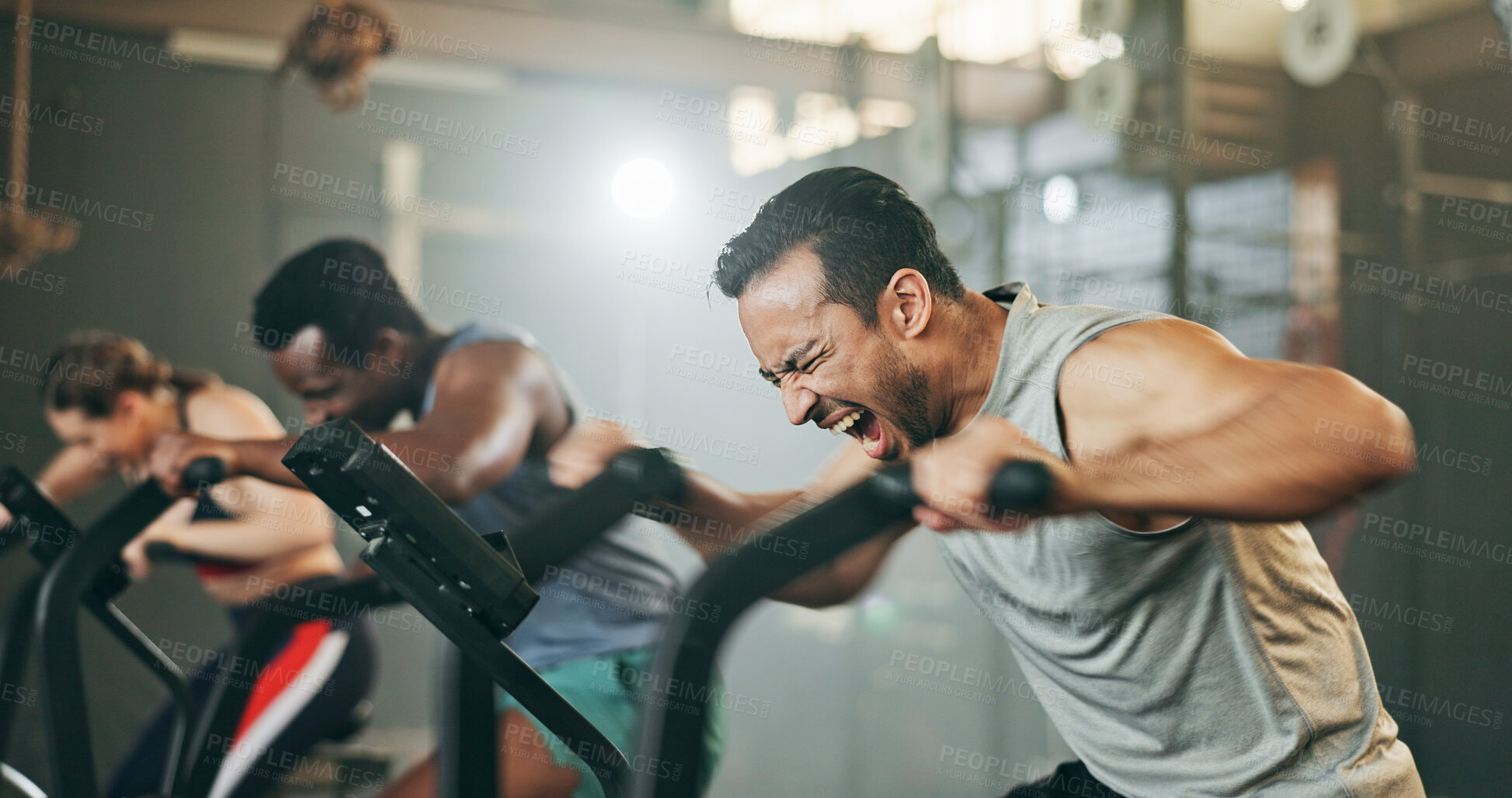 Buy stock photo People, diversity and cycling at gym in fitness, workout or intense cardio exercise together and motivation. Diverse group burning sweat on bicycle machine for healthy body, wellness or lose weight