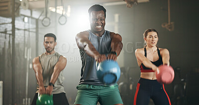 Buy stock photo People, fitness and squat at gym with kettlebell in workout class, exercise or training together. Personal trainer with active group in sports, lose weight or muscle endurance at indoor health club