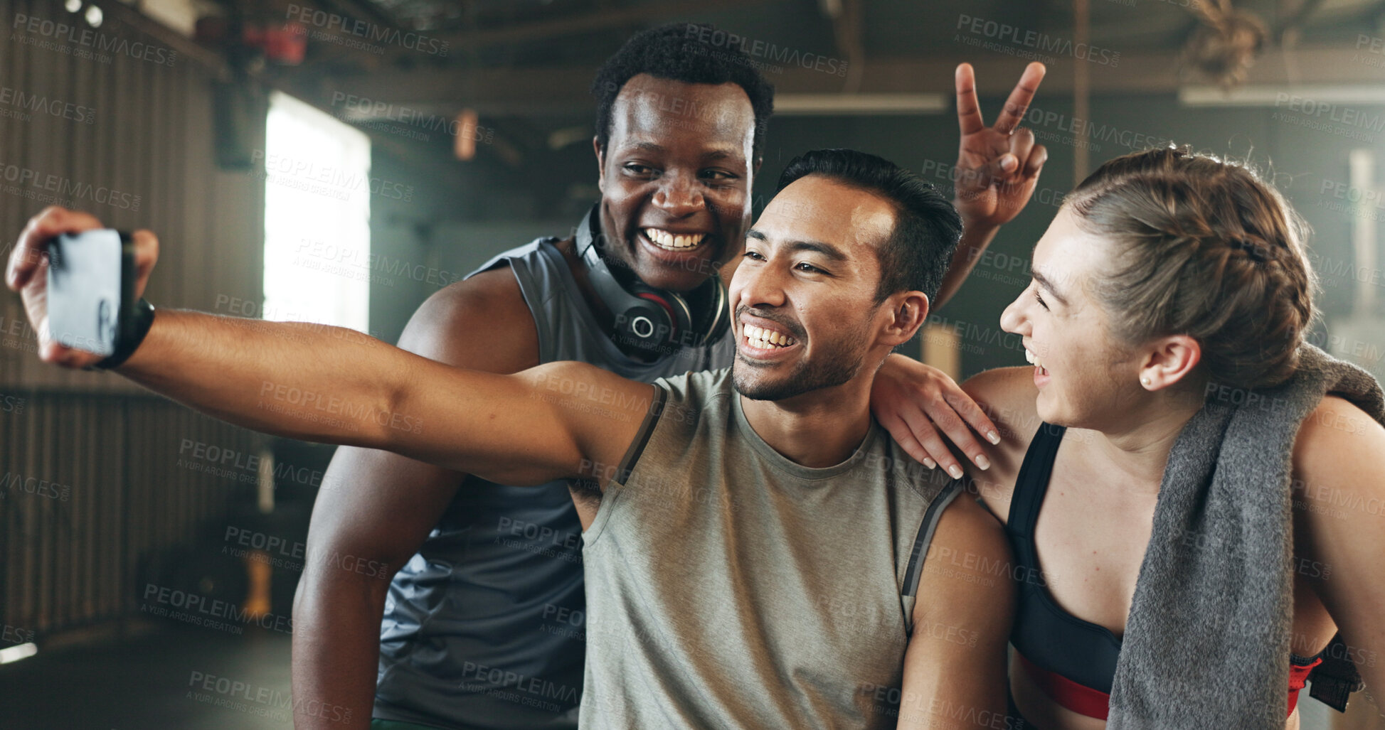 Buy stock photo Selfie, motivation and fitness with friends at gym for social media, workout and health. Support, profile picture and wellness with people and training for teamwork, photography and exercise together