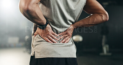 Buy stock photo Fitness, back pain and hands of man at gym for training with muscle, problem or arthritis. Sports, injury and guy athlete with joint massage for backache, fibromyalgia or osteoporosis accident