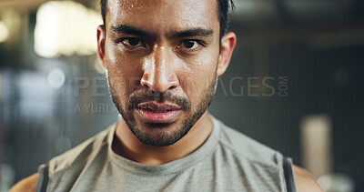 Buy stock photo Man, sweating face and breathing in gym for fitness challenge, exercise endurance or break. Serious portrait, strong asian bodybuilder and tired for training, workout fatigue and breathe for recovery