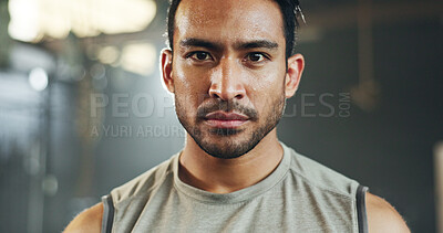Man, sweating face and breathing in gym for fitness challenge, exercise endurance or break. Serious portrait, strong asian bodybuilder and tired for training, workout fatigue and breathe for recovery