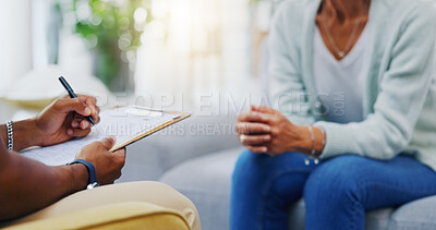 Woman, hands or consulting a therapist writing on clipboard notes for healthcare service of cancer therapy. Closeup, psychology help or patient talking in counseling with paperwork report documents