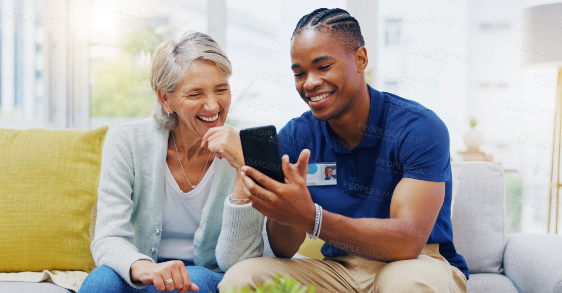 Buy stock photo Phone, medical and a nurse talking to a patient in an assisted living facility for senior people. Healthcare, mobile and contact with a black man medicine professional chatting to a mature woman