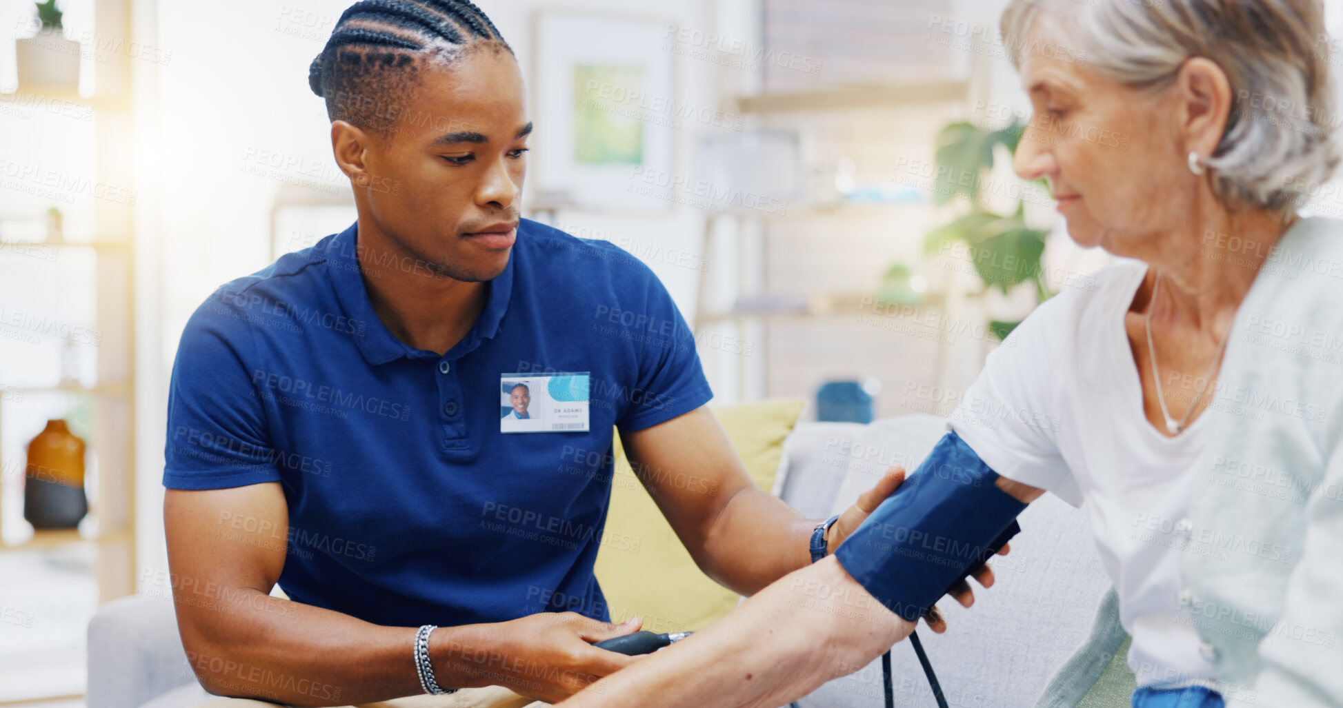 Buy stock photo Caregiver, black man or old woman with blood pressure test consulting in hospital to monitor heart wellness. Healthcare, hypertension consultation or medical nurse with sick patient for examination