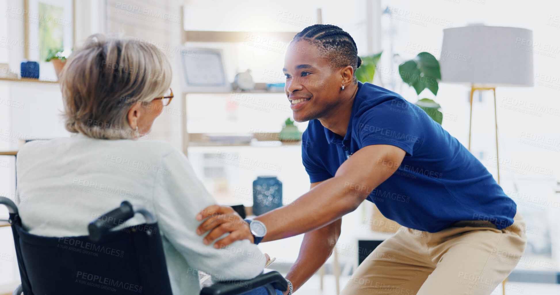 Buy stock photo Black man, caregiver speaking or old woman in wheelchair talking or supporting in homecare rehabilitation. Medical healthcare or happy male nurse nursing or helping elderly patient with disability