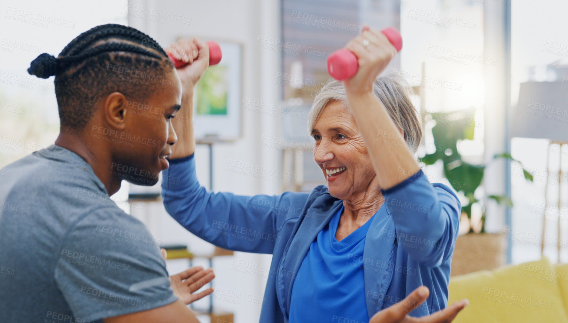 Buy stock photo Physiotherapist, black man and senior woman with wellness, rehabilitation and consultation. Patient, male employee and female patient with healthcare, support and fitness with exercise and recovery