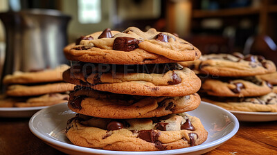 Chocolate chip cookies on a plate. Fresh homemade sweet snack.