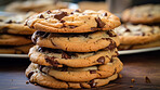 Stack of chocolate chip cookies. Fresh homemade sweet snack.