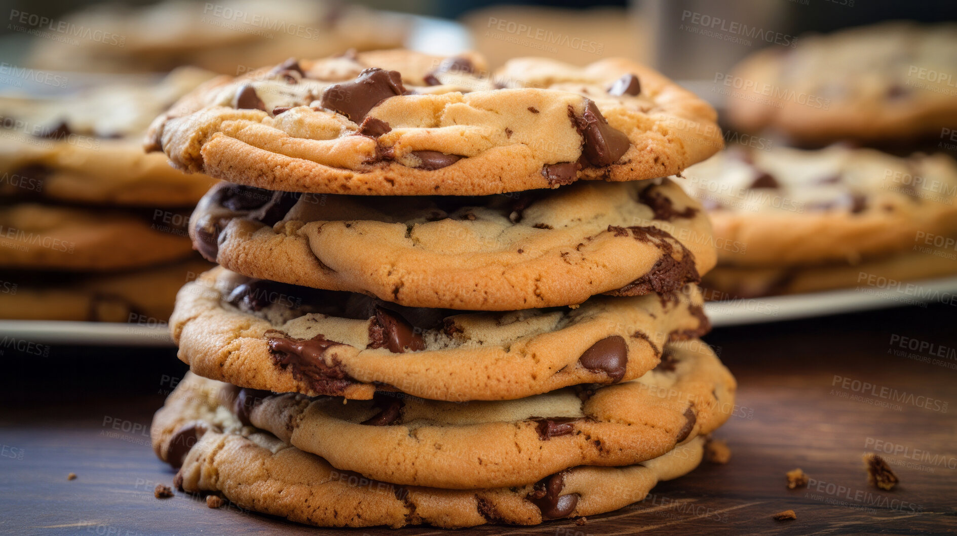 Buy stock photo Stack of chocolate chip cookies. Fresh homemade sweet snack.