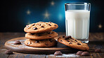 Chocolate chip cookies and glass of milk. Fresh homemade Christmas snack.