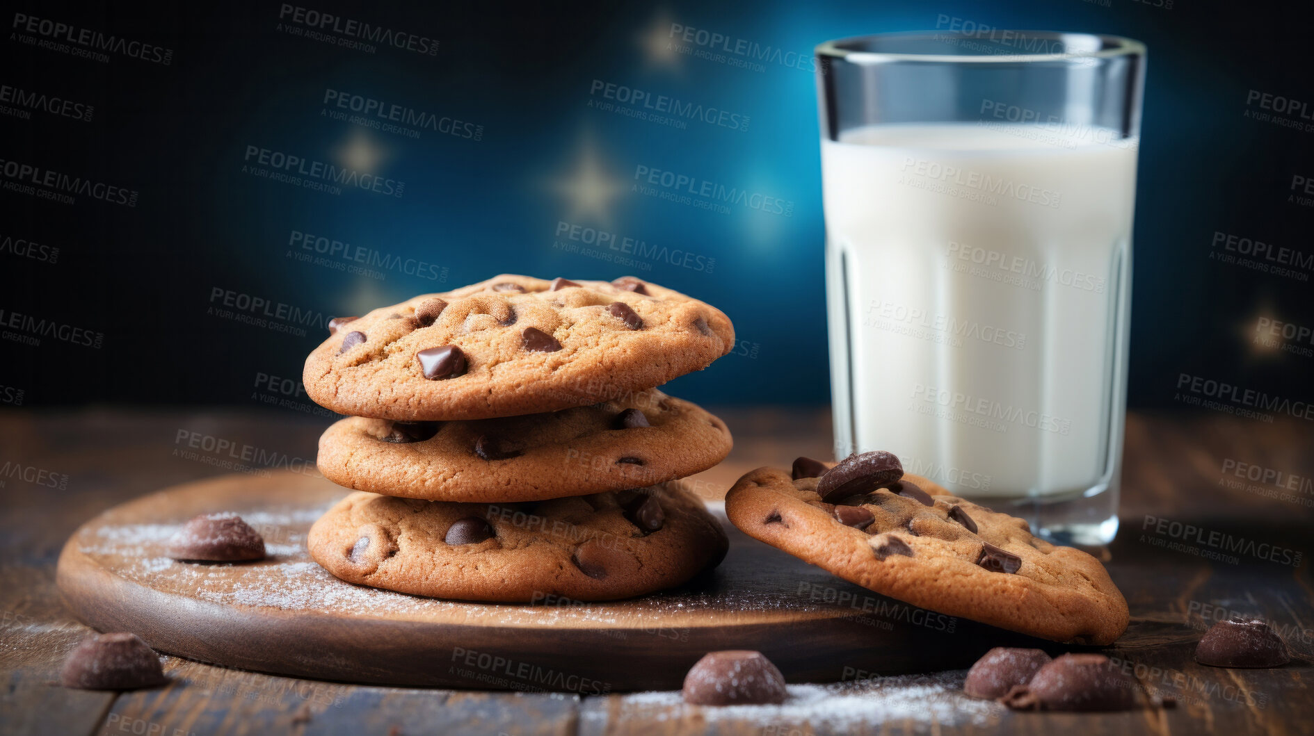 Buy stock photo Chocolate chip cookies and glass of milk. Fresh homemade Christmas snack.