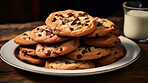 Chocolate chip cookies on a plate. Fresh homemade sweet snack.