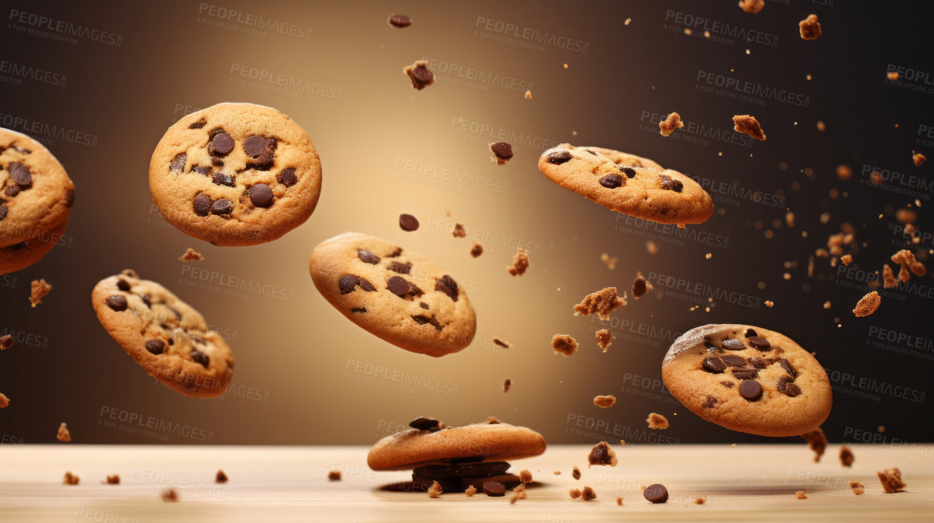 Buy stock photo Falling flying chocolate chip cookies. Fresh homemade sweet snack.