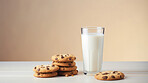 Chocolate chip cookies and glass of milk. Fresh homemade sweet snack.