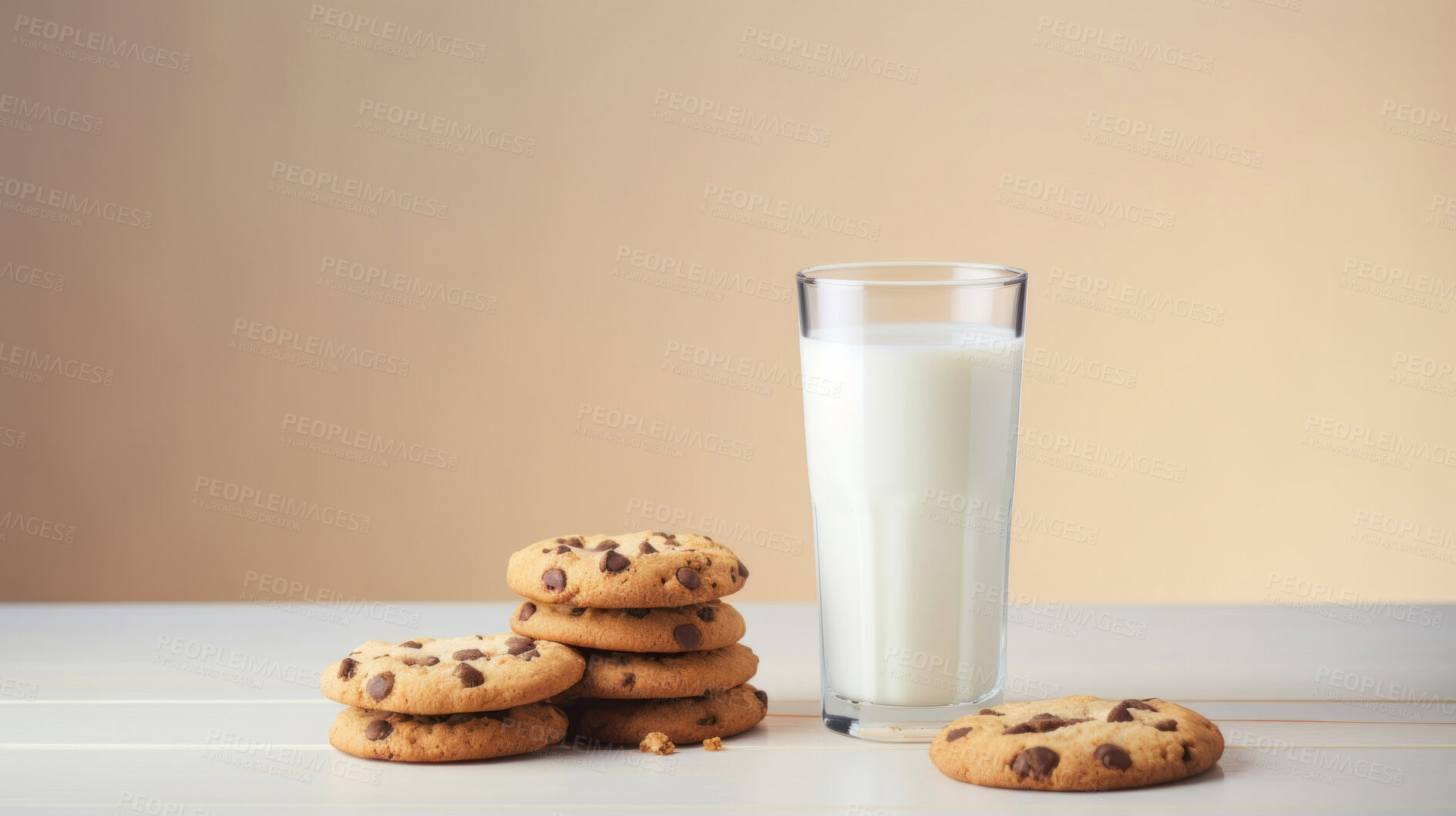 Buy stock photo Chocolate chip cookies and glass of milk. Fresh homemade sweet snack.