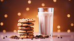 Chocolate chip cookies and glass of milk. Fresh homemade sweet snack.