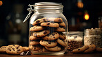 Chocolate chip cookies in glass jar. Fresh homemade sweet snack.