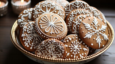 Buy stock photo Traditional Christmas cookies. Homemade sweet decorated gingerbread biscuits with icing