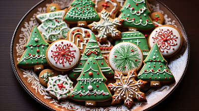 Buy stock photo Colorful Christmas cookies. Homemade sweet decorated gingerbread biscuits with icing