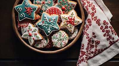 Buy stock photo Colorful Christmas cookies. Homemade sweet decorated gingerbread biscuits with icing