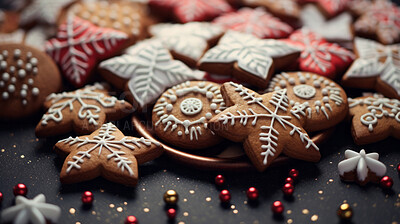 Buy stock photo Colorful Christmas cookies. Homemade sweet decorated gingerbread biscuits with icing