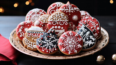 Buy stock photo Colorful Christmas cookies. Homemade sweet decorated gingerbread biscuits with icing