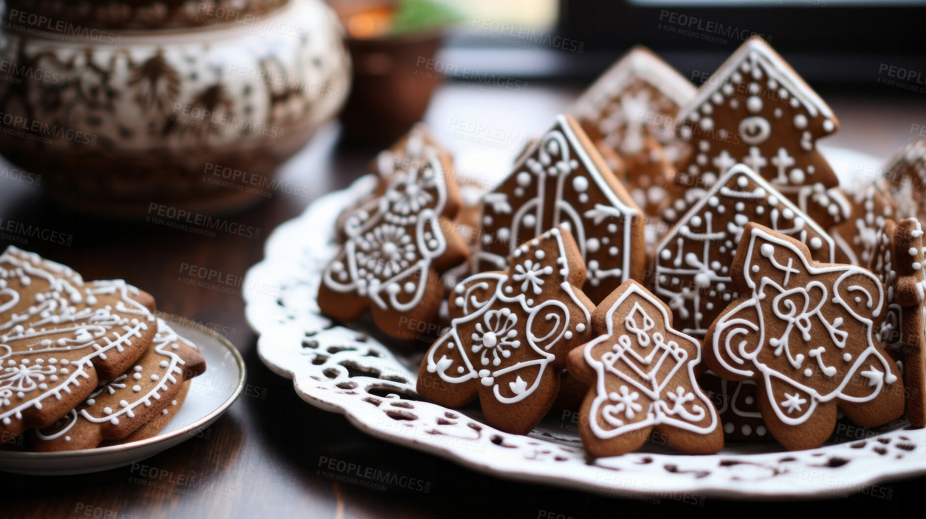 Buy stock photo Traditional Christmas cookies. Homemade sweet decorated gingerbread biscuits with icing