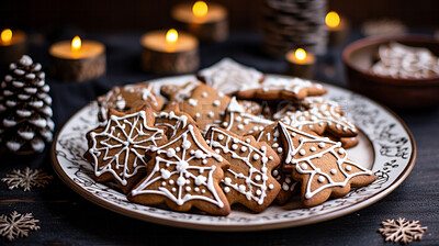 Buy stock photo Traditional Christmas cookies. Homemade sweet decorated gingerbread biscuits with icing