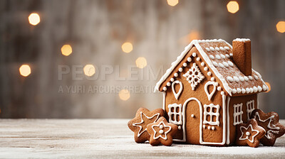 Traditional gingerbread house. Homemade sweet decorated Christmas cookies with icing