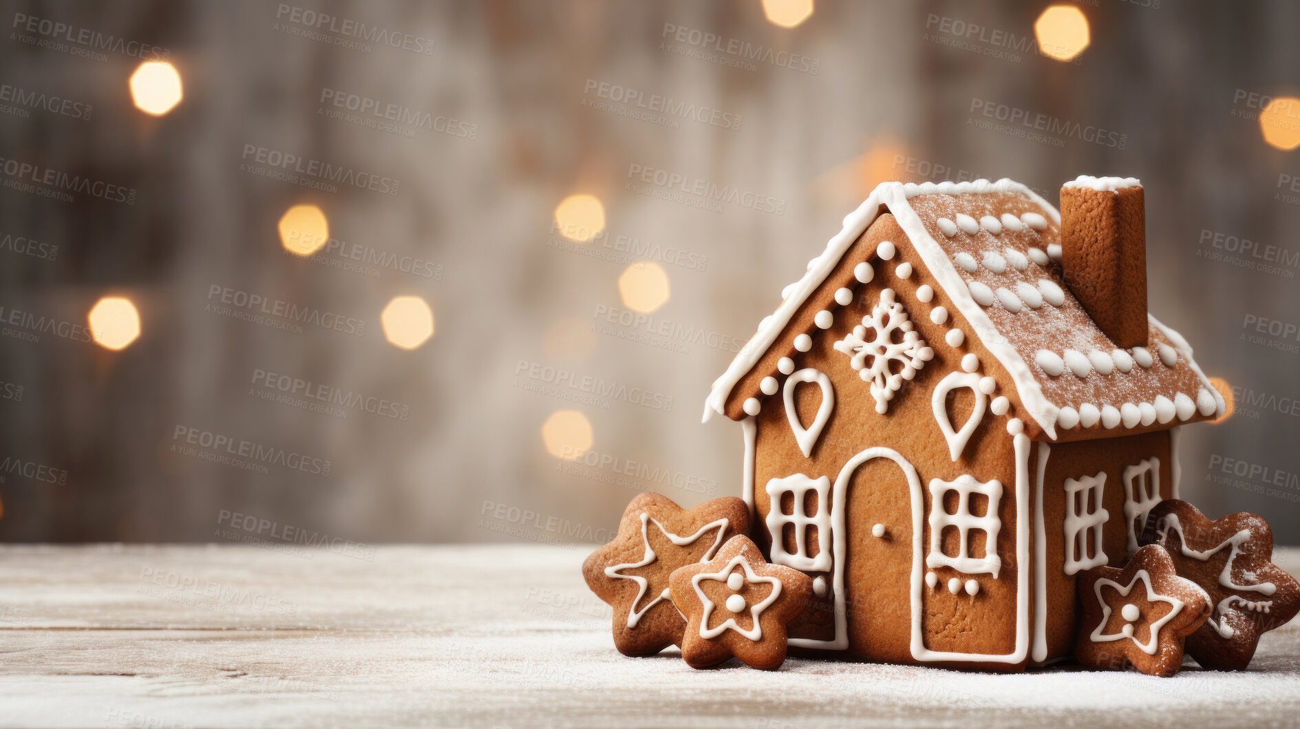 Buy stock photo Traditional gingerbread house. Homemade sweet decorated Christmas cookies with icing