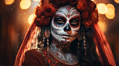 Woman with day of the dead skull makeup and costume. Mexican tradition art.