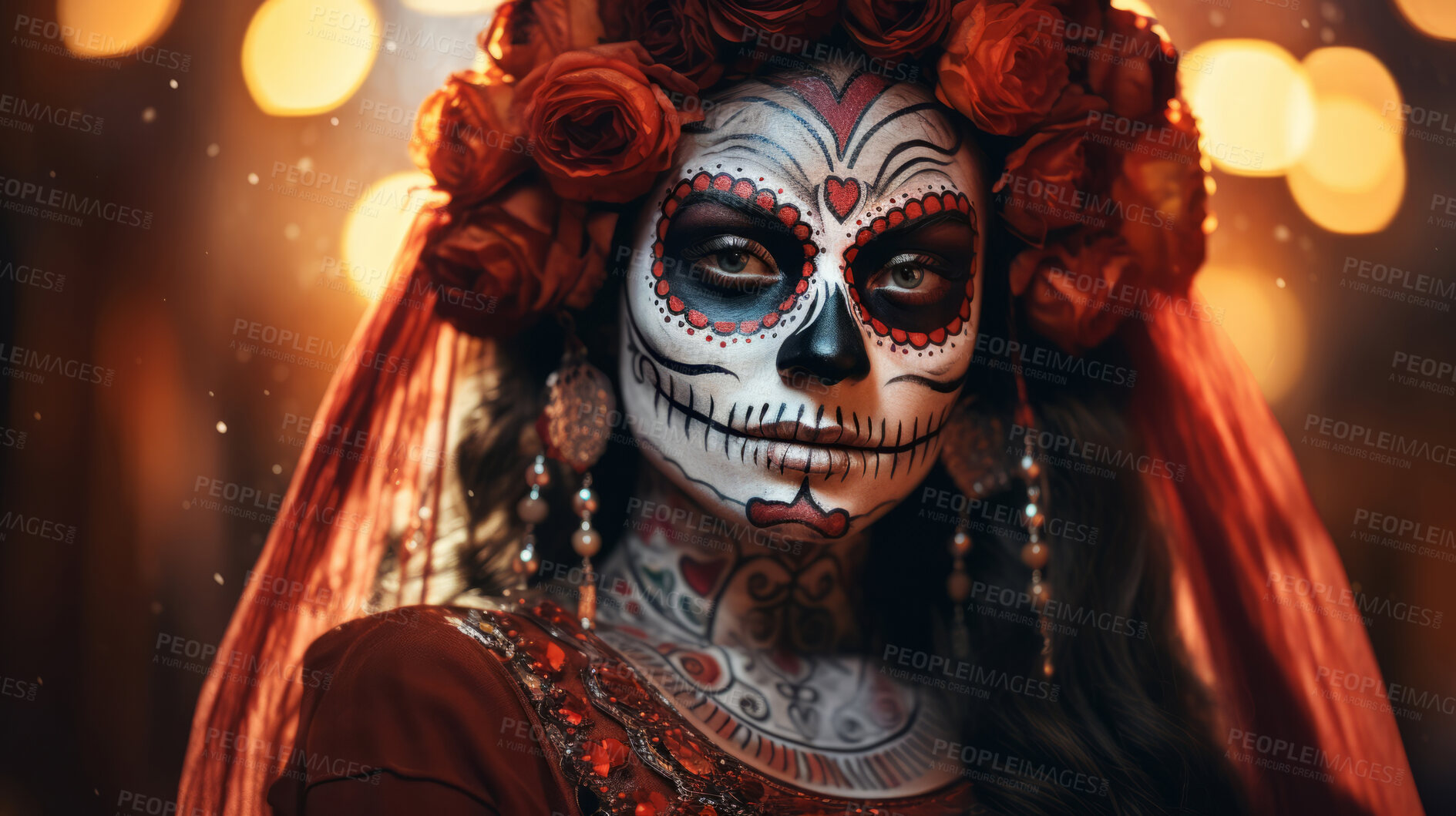 Buy stock photo Woman with day of the dead skull makeup and costume. Mexican tradition art.