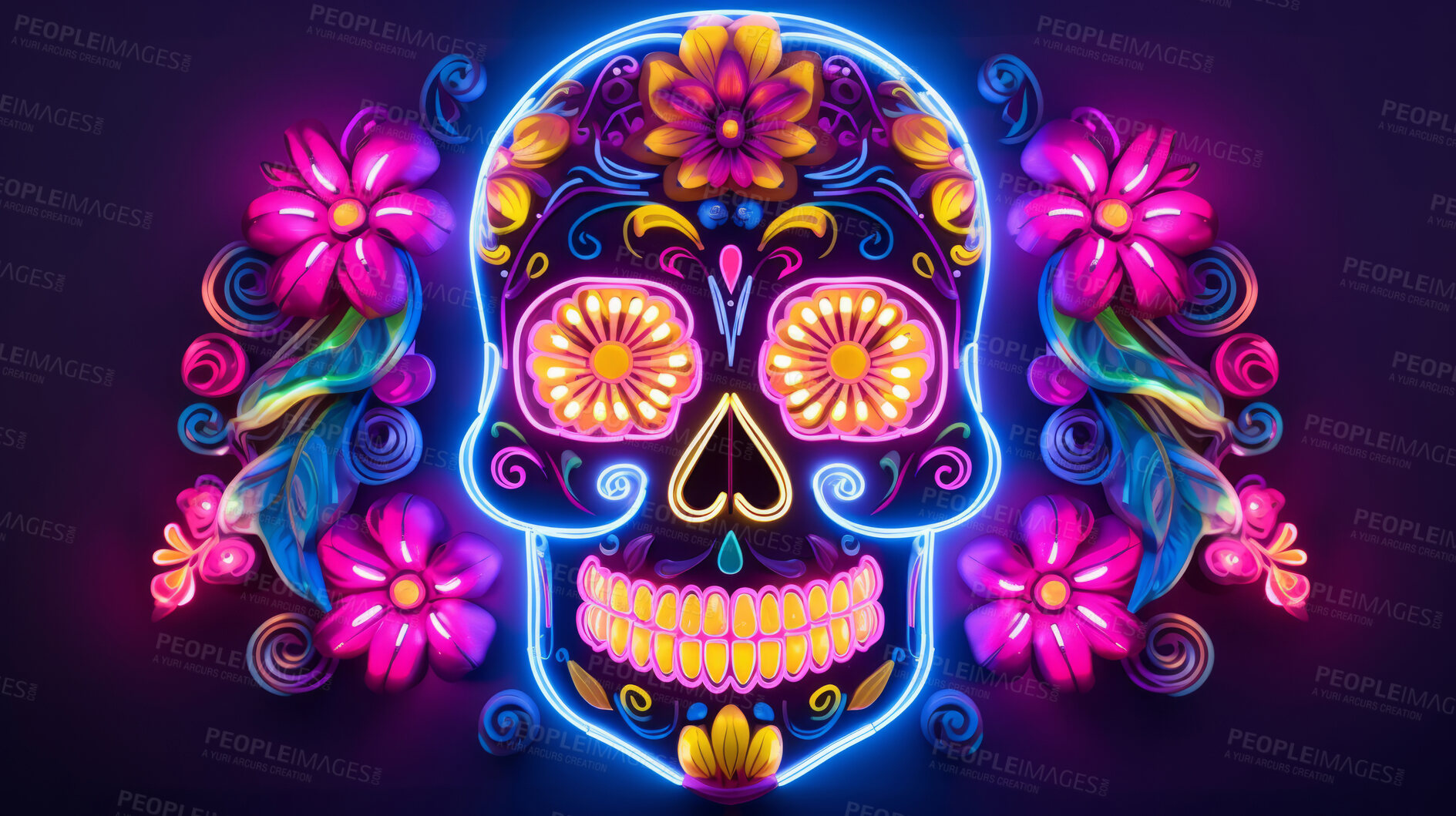 Buy stock photo Colorful neon skull decor sign. Mexican day of the dead concept