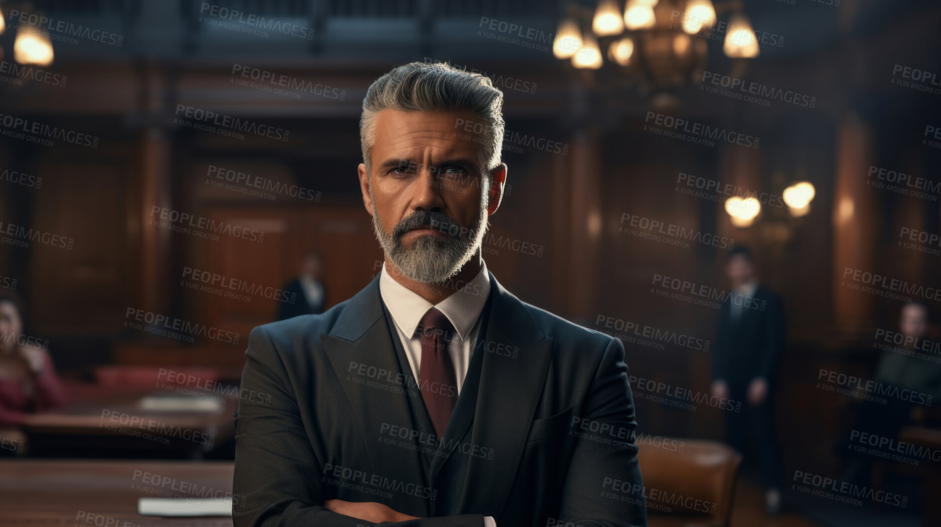 Buy stock photo Lawyer in court room before judge, attractive male lawyer protects rights of defendant