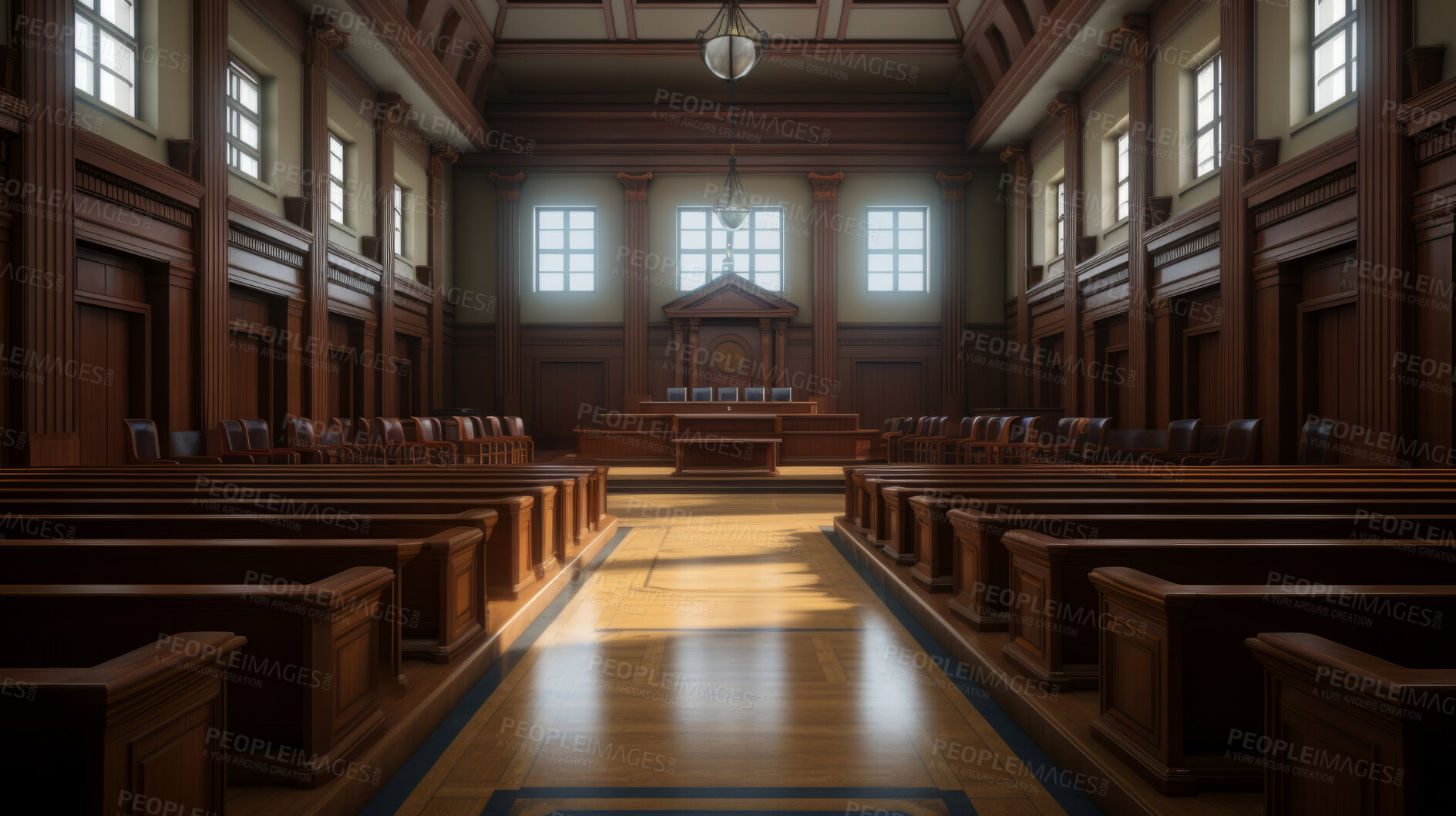 Buy stock photo Empty Courtroom, Supreme Court of Law and Justice Trial. Wooden Interior