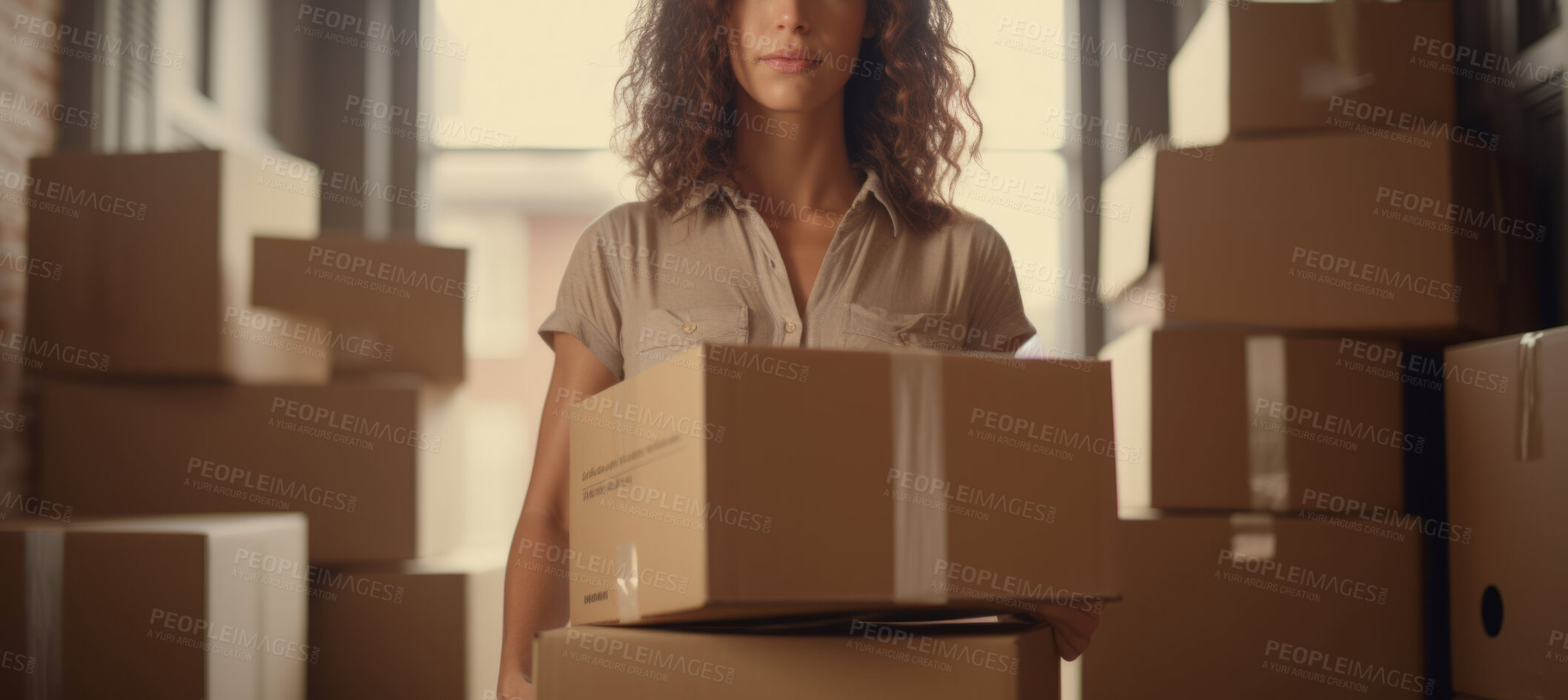 Buy stock photo Young woman carrying large box during a move to new home or package delivery