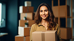 Young woman carrying large box during a move to new home or package delivery